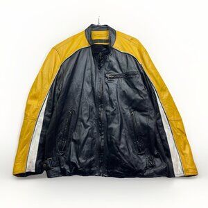 VTG 725 Original Biker Leather Bomber Jacket Motorcycle Black /Yellow Men L Read